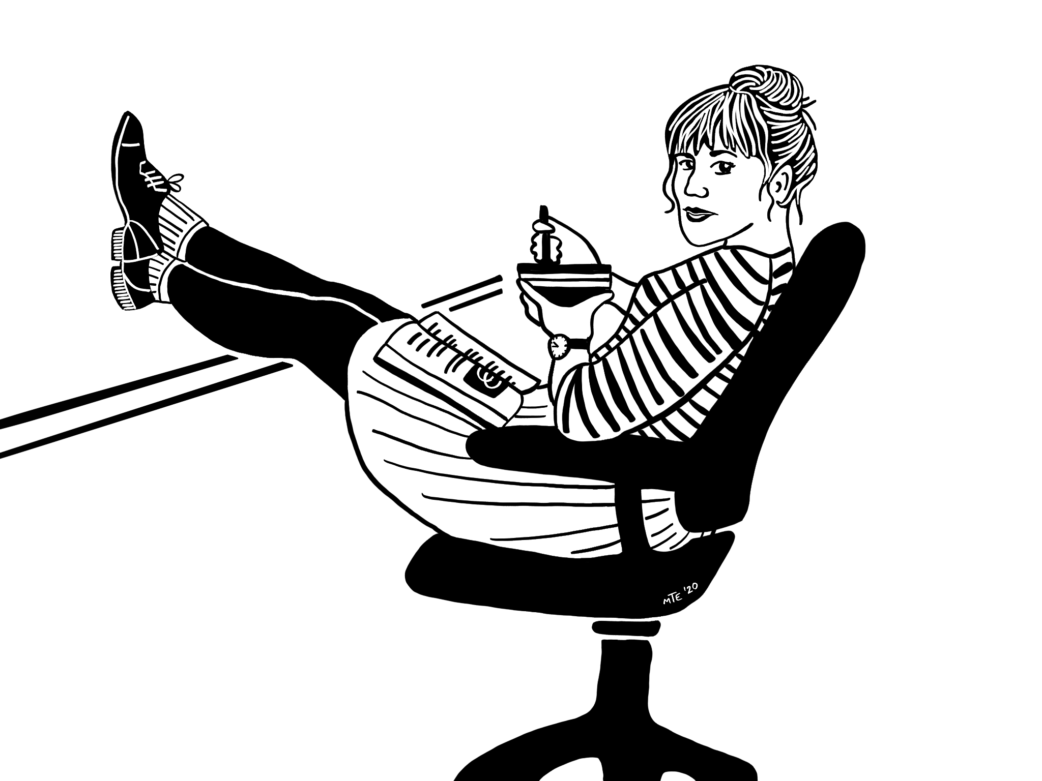 woman with feet on desk wearing striped shirt and black tights, eating food